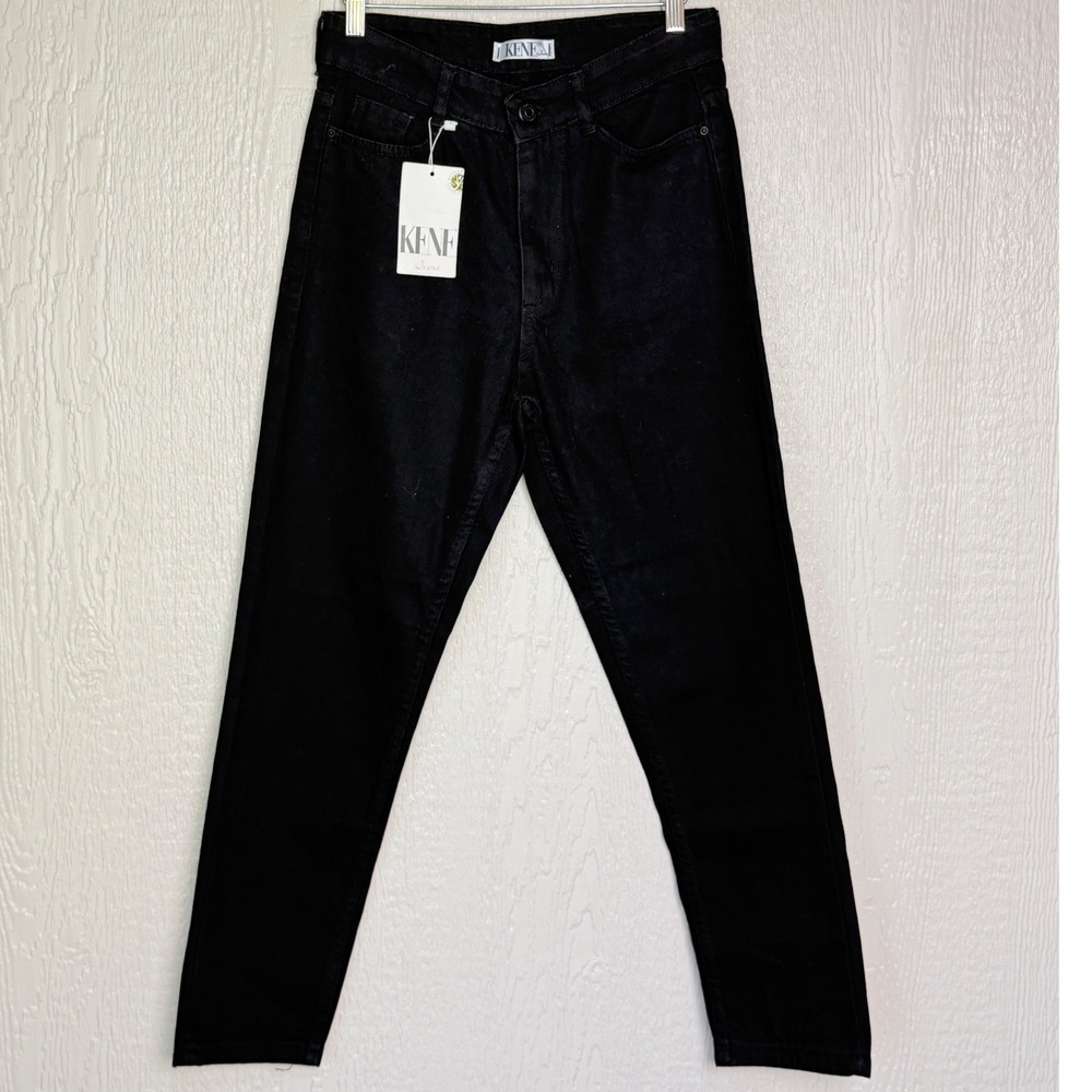 Kene Jeans Black High Waisted Mom Jeans Tapered Leg 100 Cotton Size 38 NWT